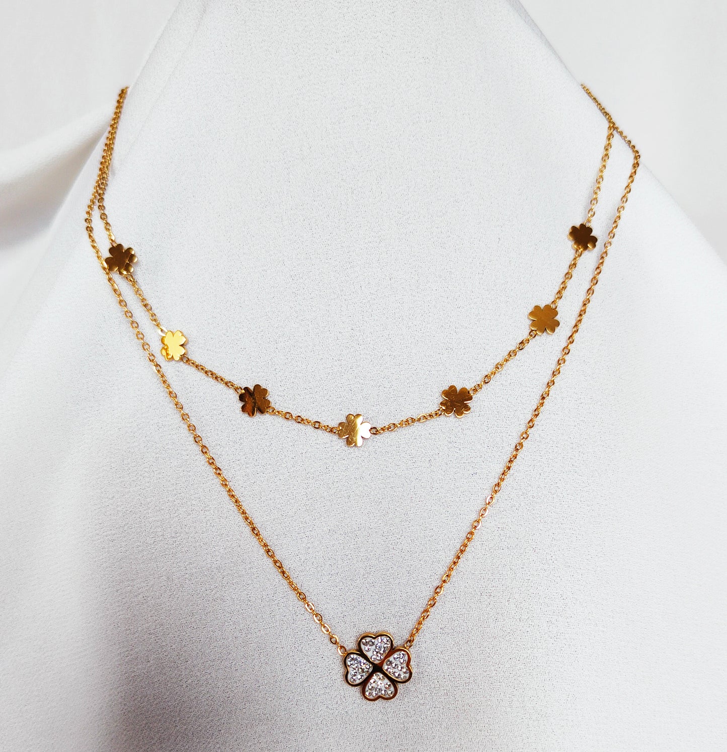 Collier double trèfle strass