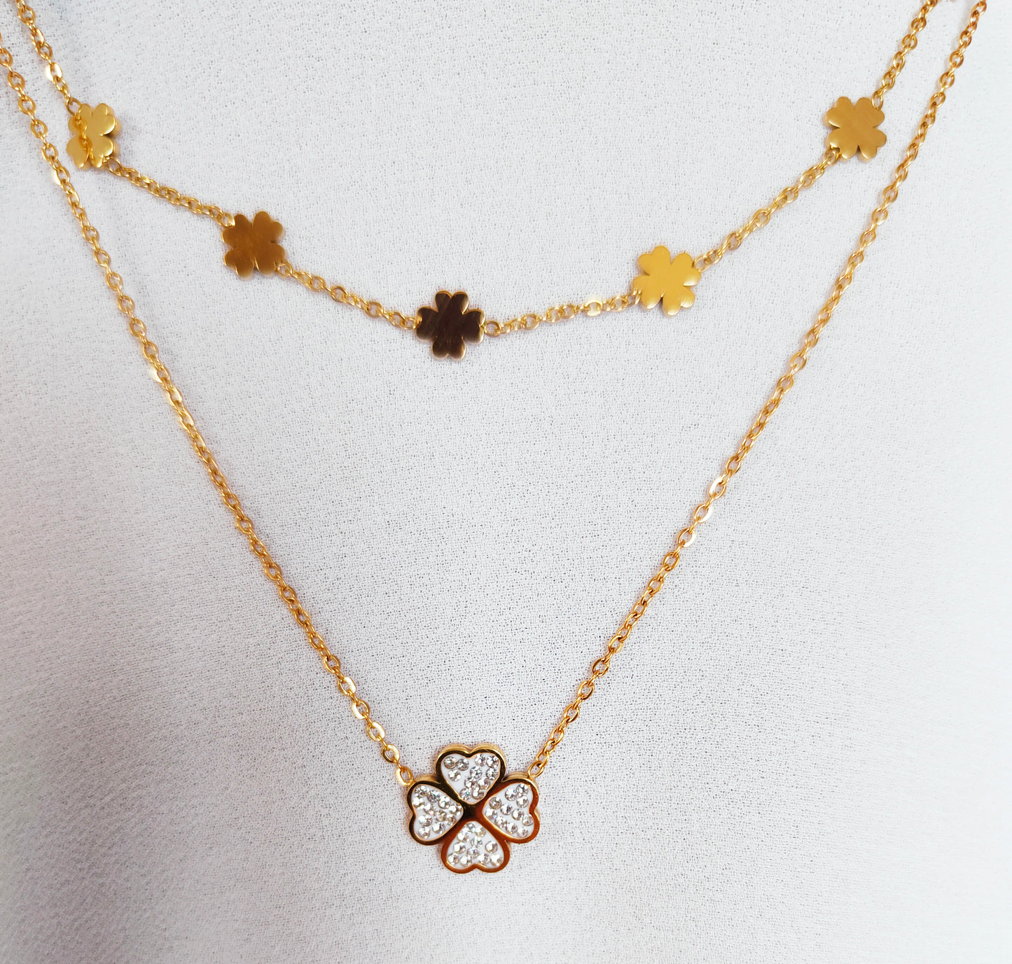 Collier double trèfle strass
