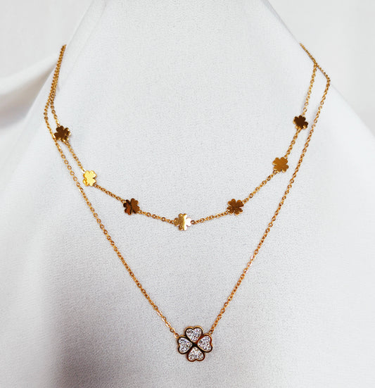 Collier double trèfle strass